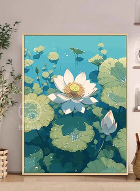 夏日荷花卉睡莲装饰画成品仿油画风景清新静谧唯美卧室客厅摆挂画