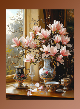 白兰花卉花瓶欧式复古装饰画成品仿油画唯美高级感卧室客厅摆挂画