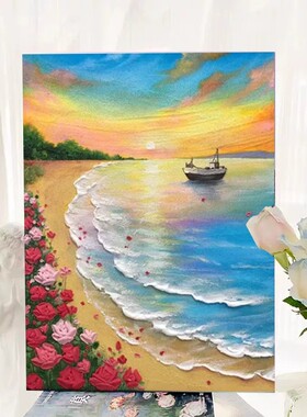 春日海滩玫瑰花卉装饰画仿油画风景唯美治愈高级感卧室客厅摆挂画
