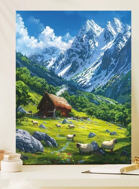 宫崎骏的夏天田园雪山草地装饰画唯美清新治愈风景卧室客厅摆挂画