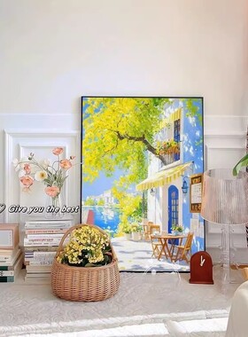 清新装饰画海边书店仿油画风景治愈温馨氛围感唯美卧室客厅摆挂画