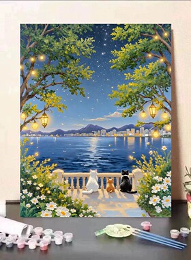 猫咪花卉夜空大海装饰画卡通仿油画风景唯美治愈系卧室客厅摆挂画