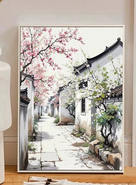 江南水墨风桃花装饰画中国古风景唯美小清新高级感卧室客厅摆挂画