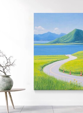 远山湖畔田园装饰画成品仿油画风景清新治愈高级感客厅玄关摆挂画