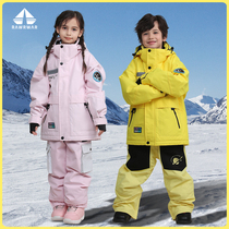 2023 New Children Ski Suit Boy Girl Outdoor Plus Cotton Thickened Warm Waterproof Jacket Jacket Veneer Double Board