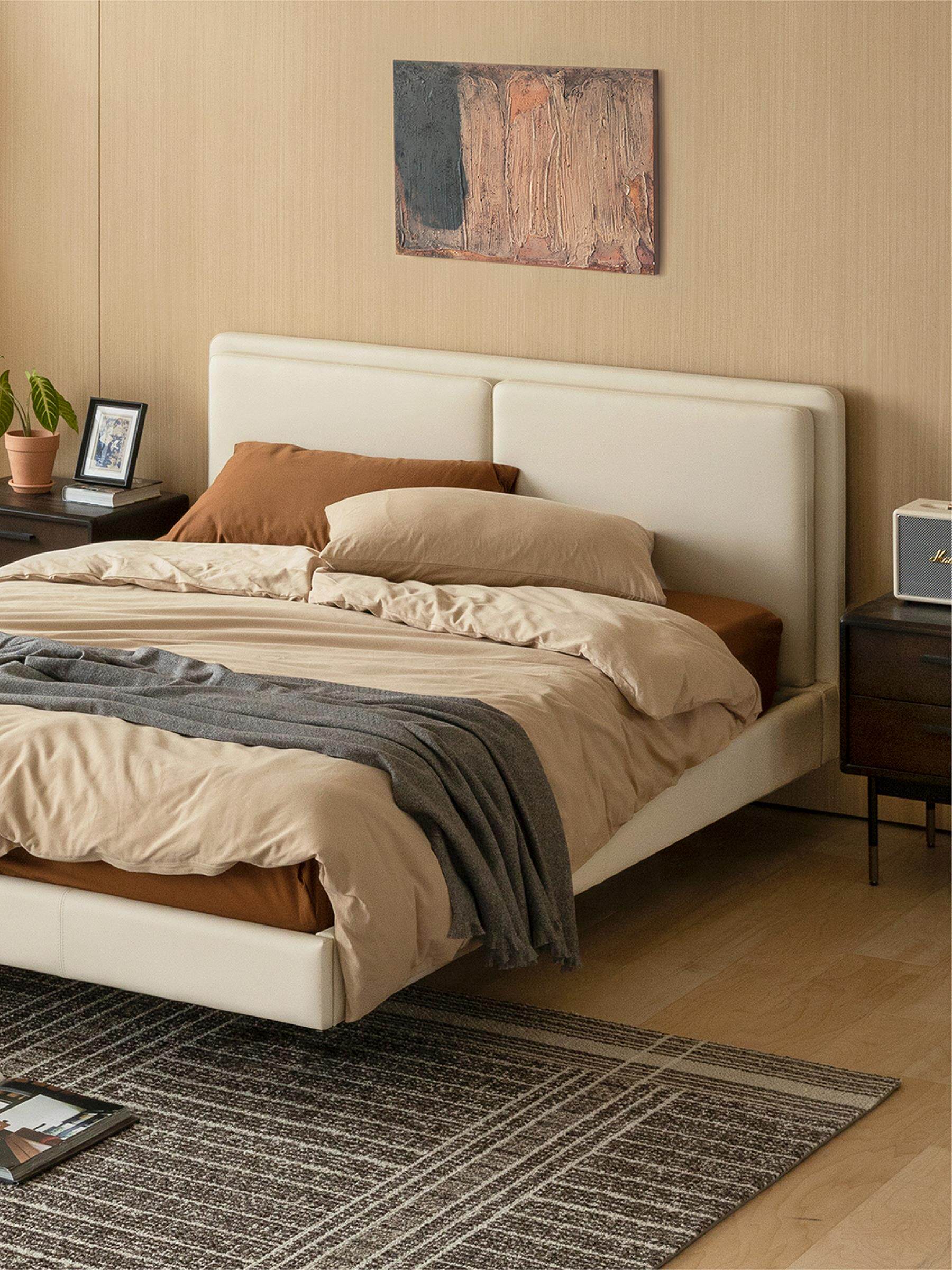 索菲亚现代简约主卧科技皮床婚床轻奢奶油风ins悬浮床实木布艺床