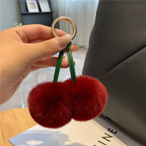 Real Otters Rabbit Hairy Cherry Car Key Buckle Pendant Korea Ins Cute Plush Ball Bag Pendant Birthday Present