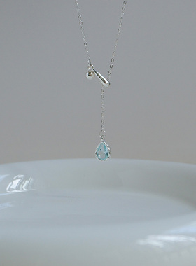 S925纯银蓝色水滴项链抽拉可调节