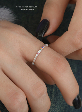 S925纯银时尚彩虹细闪戒指女生