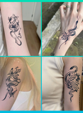 蛇蝶共舞草本纹身贴纸tattoo女不反光防水持久遮疤锁骨手臂高级感