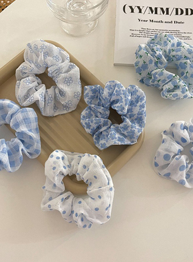 蓝白格子波点花朵大肠圈发饰品