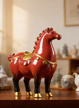 红色陶瓷唐马摆件招财马到成功