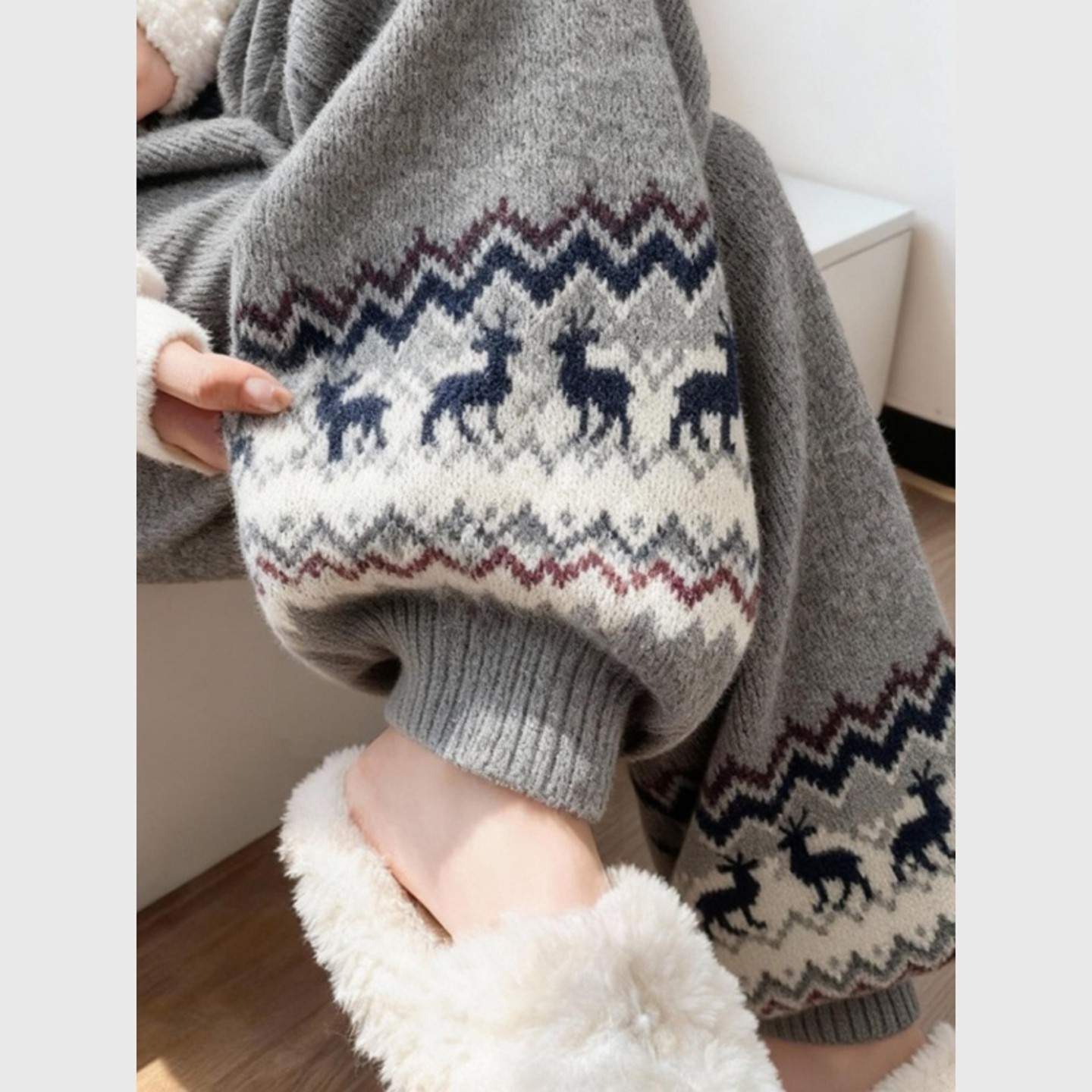 欧货重工灰色费尔岛提花垂感针织裤秋冬裤子加厚保暖束脚裤休闲裤,淘宝优惠券,粉丝福利购,淘宝优惠卷