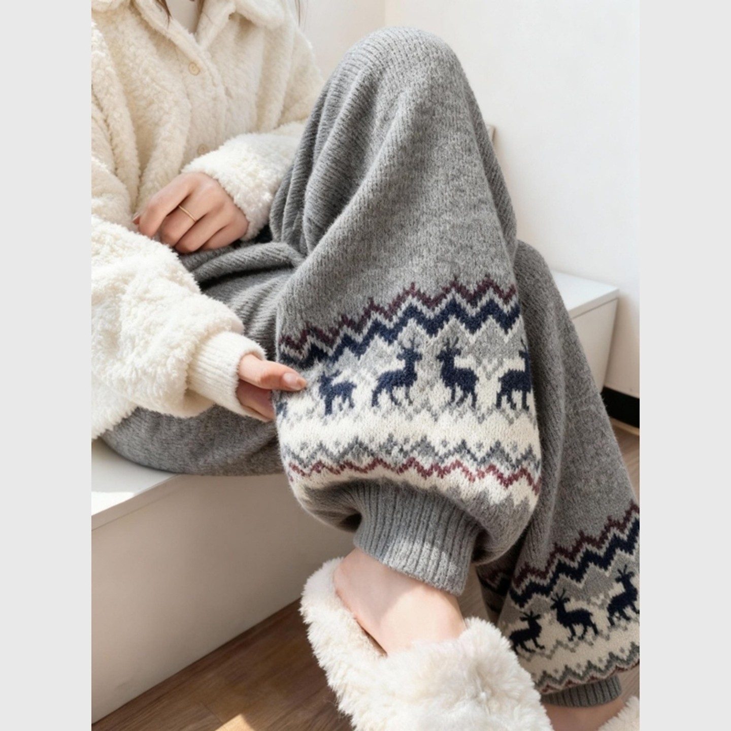 欧货重工灰色费尔岛提花垂感针织裤秋冬裤子加厚保暖束脚裤休闲裤,淘宝优惠券,粉丝福利购,淘宝优惠卷