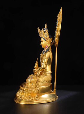 家居精工纯铜鎏金长寿佛摆件莲花座带背光室内办公桌面装饰品8寸