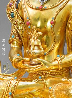 尼泊尔工艺全鎏金带背光长寿佛佛像纯铜手工錾刻无量寿佛供奉摆件