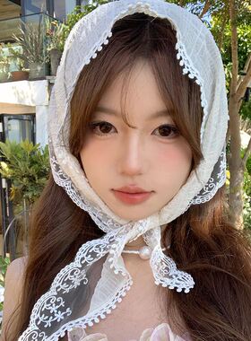 法式田园风头巾白色蕾丝三角巾头巾发带法式包头时尚拍照网红花朵