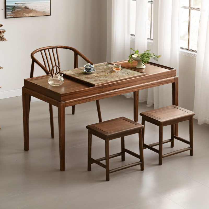 现代简约茶桌椅组合黑胡桃木实木禅意茶几长条形茶室泡茶收纳茶台,淘宝优惠券,粉丝福利购,淘宝优惠卷