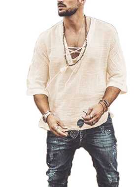 Men's Faion Hippie Linen irt Casual Middle Sleeve V Neck