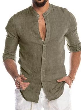 New Men's Solid Color Linen Long Sleeve Shirt Cardigan Long