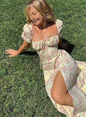 Fashion Floral Printed Summer Dress 2021 Women Puff Short Sl