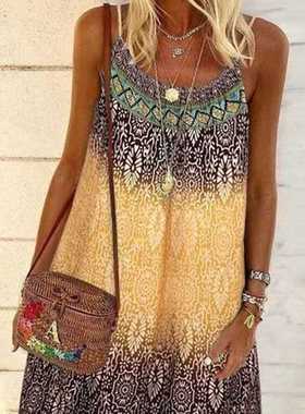 S-5XL Summer Women Beach Dress Printed Sling Ladies Loose Bo