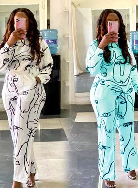 2021 New Arrival Famous Brand 2 pcs Women Set Print O-neck L