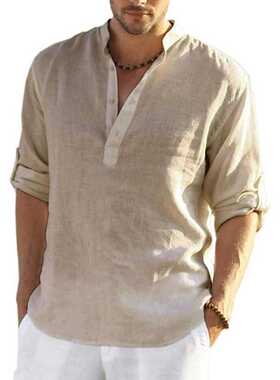 New Men's Linen Long Sleeve Shirt Solid Color Casual Long S