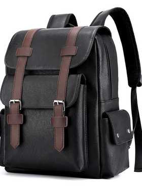 Waterproof PU Leather Shoulder Backpack Men's Retro Large Ca
