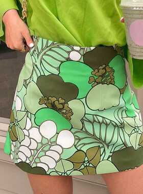 Harajuku Hand-Painted Green Skirt Girls Y2K Aesthetic Floral