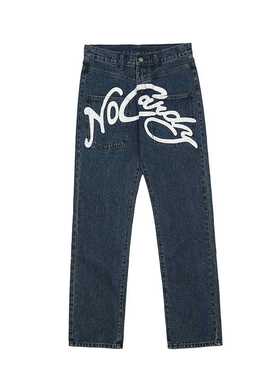 High Street Letter Print Straight Ripped Loose Jeans Pants f