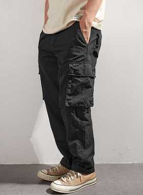 Summer pocket overalls tide black men's casual pants loose e