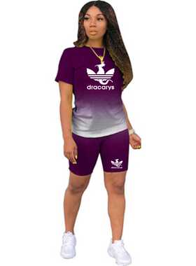 Two Pieces Sets Women Tracksuits Gradient Short Sleeve Tops