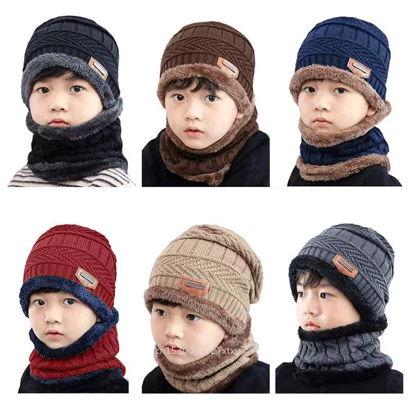 Children Winter Warm Knitted Hat Cap with Scarves Thickened - 图0