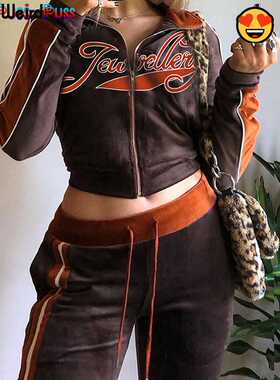 OrangeA Women Tracksuit Letter Print Velvet 2 Piece Outfit S