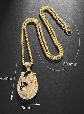 Hip Hop Shiny Zircon Gold Color Horse Head Pendant Necklaces