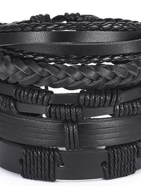 Cross-border leather handwoven men's punk bracelet男士手