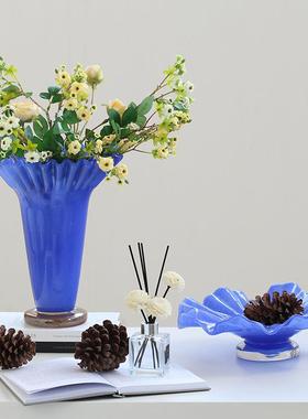 中古风创意大口荷叶边卷口褶皱琉璃花瓶软装家居样板间客厅装饰品