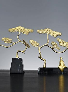 现代轻奢摆件纯铜迎客松家居装饰品创意简约客厅酒柜电视柜工艺品