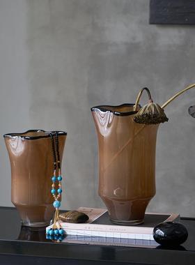 中古风黑边创意褶皱手工大口咖色瓷粉琉璃花瓶玄关居家台面样板房