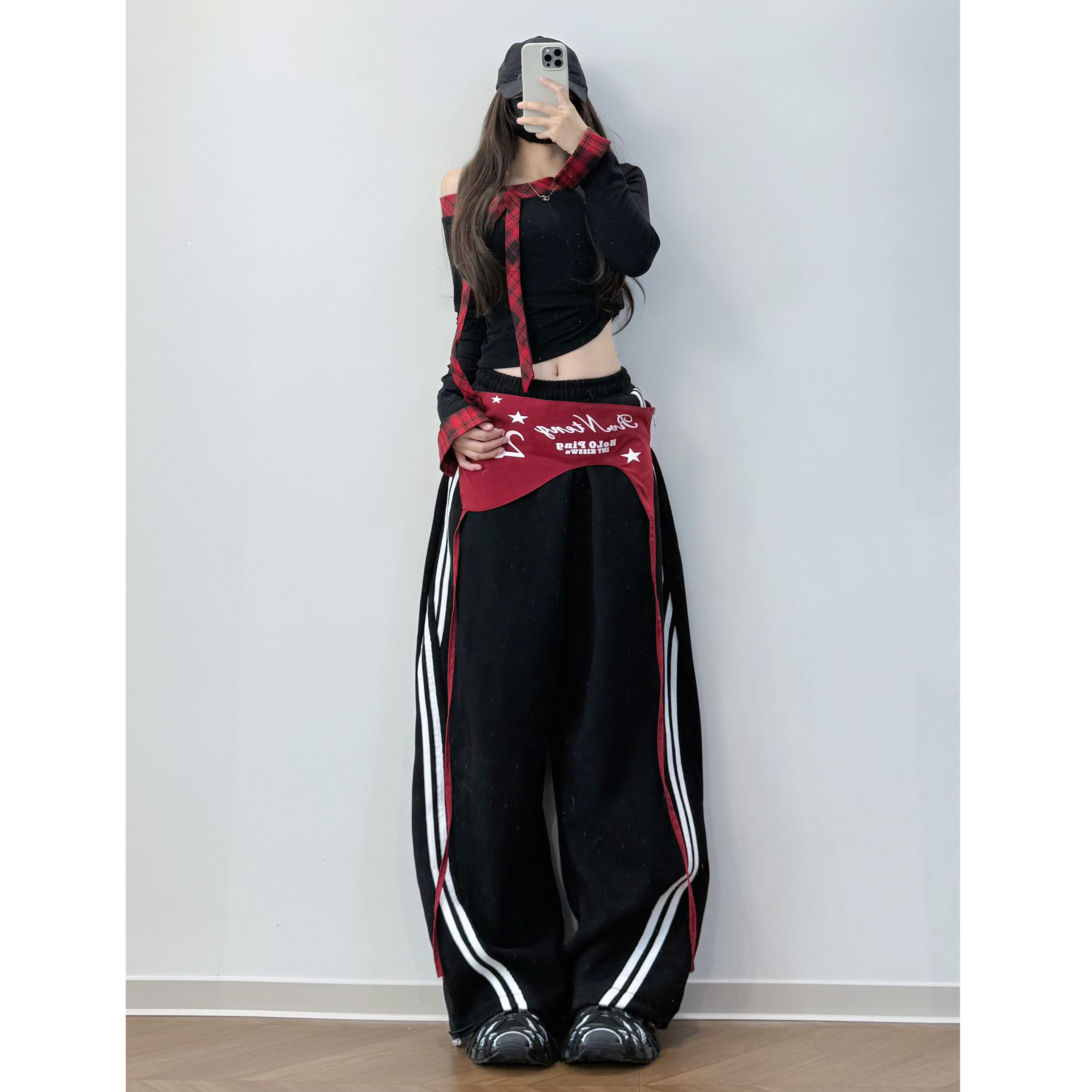 XXBUNI秋冬跳舞穿搭女黑色条纹拼接休闲裤女宽松阔腿裤爵士舞裤子,淘宝优惠券,粉丝福利购,淘宝优惠卷