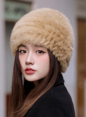 进口女新款兔毛帽保暖针织毛线大头围毛绒渔夫帽子显脸小毛毛帽子
