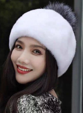 美国进口水貂皮帽子女贝雷帽网红爆款加厚保暖整貂毛绒皮草帽白色