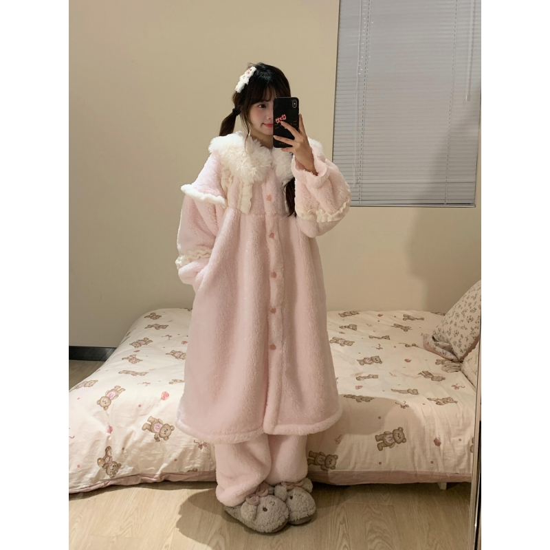 少女甜美可爱花边珊瑚绒睡衣女冬季加绒加厚睡袍长裤家居服两件套 - 图2