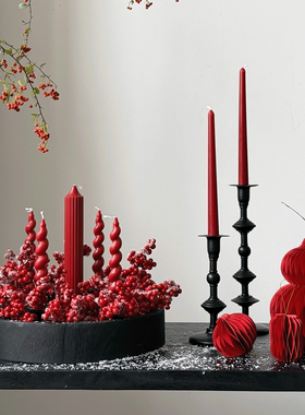 新年装饰品红色香薰蜡烛托盘摆件