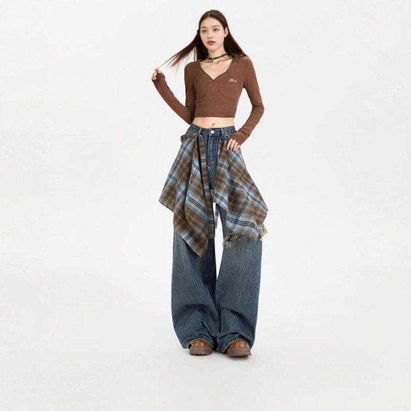 可拆卸屁帘阔腿牛仔裤女2025秋季新款高腰设计感假破洞宽松直筒裤,淘宝优惠券,粉丝福利购,淘宝优惠卷