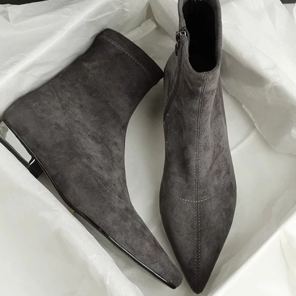 灰色尖头弹力靴袜靴绒面粗跟瘦瘦靴低跟平底短靴女春秋及裸靴,淘宝优惠券,粉丝福利购,淘宝优惠卷