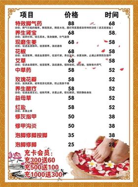 美容院养生馆价格表项目足疗价格表定制海报美容店价目表广告贴纸