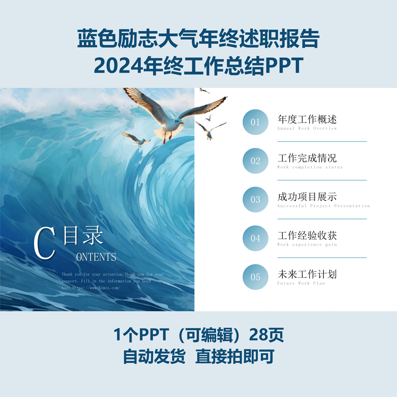 2024年终述职报告年终工作总结蓝色励志大气PPT模板1个可编辑28页 - 图0