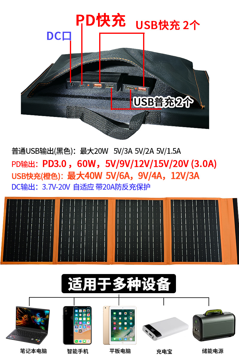 太阳能发电板手机USB充电器5v输出户外便携光伏充电板快充折叠包